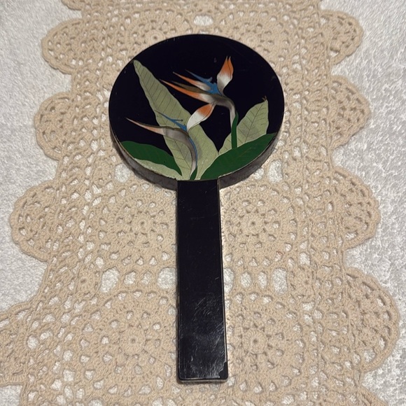 Vintage Otagiri Japan Nesting Double Hand Mirror Black Lacquer Bird Of Paradise - Picture 3 of 10